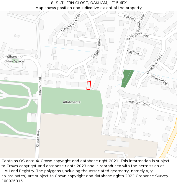 8, SUTHERN CLOSE, OAKHAM, LE15 6FX: Location map and indicative extent of plot