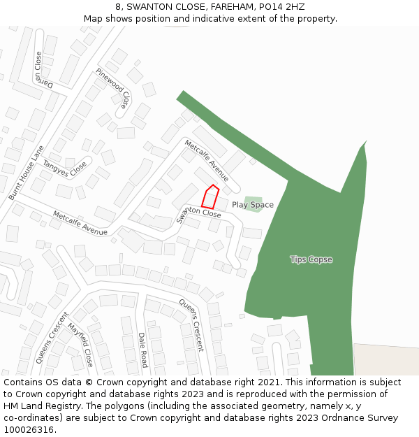 8, SWANTON CLOSE, FAREHAM, PO14 2HZ: Location map and indicative extent of plot