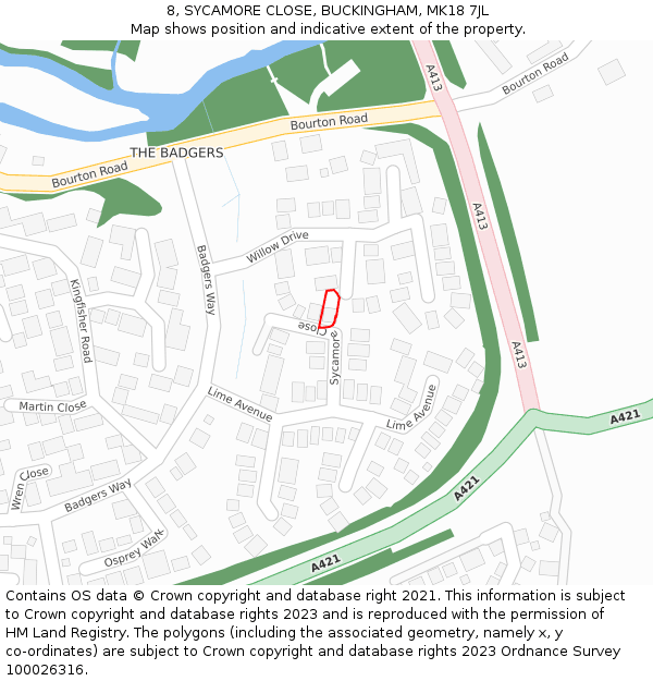 8, SYCAMORE CLOSE, BUCKINGHAM, MK18 7JL: Location map and indicative extent of plot