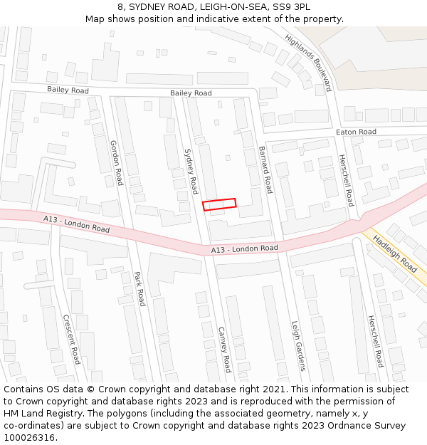 8, SYDNEY ROAD, LEIGH-ON-SEA, SS9 3PL: Location map and indicative extent of plot