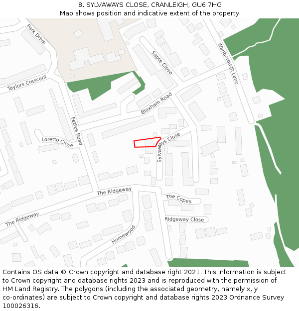 8, SYLVAWAYS CLOSE, CRANLEIGH, GU6 7HG: Location map and indicative extent of plot