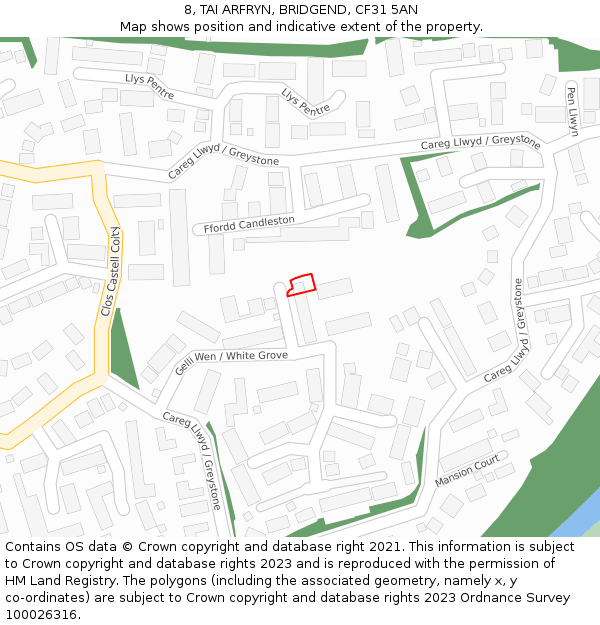 8, TAI ARFRYN, BRIDGEND, CF31 5AN: Location map and indicative extent of plot