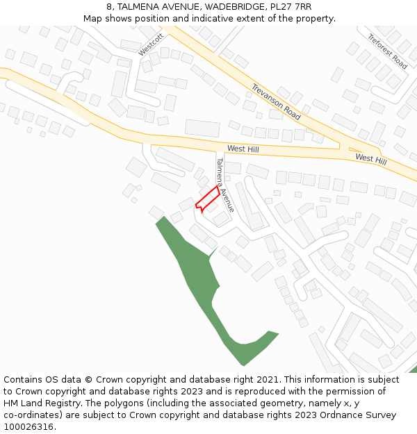 8, TALMENA AVENUE, WADEBRIDGE, PL27 7RR: Location map and indicative extent of plot