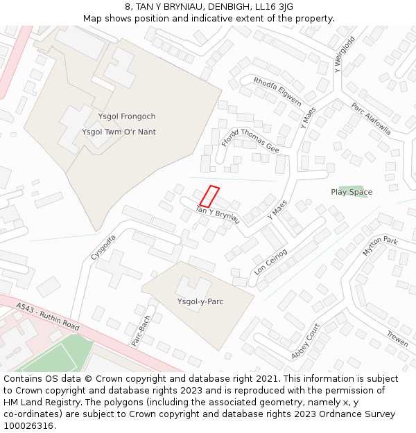8, TAN Y BRYNIAU, DENBIGH, LL16 3JG: Location map and indicative extent of plot