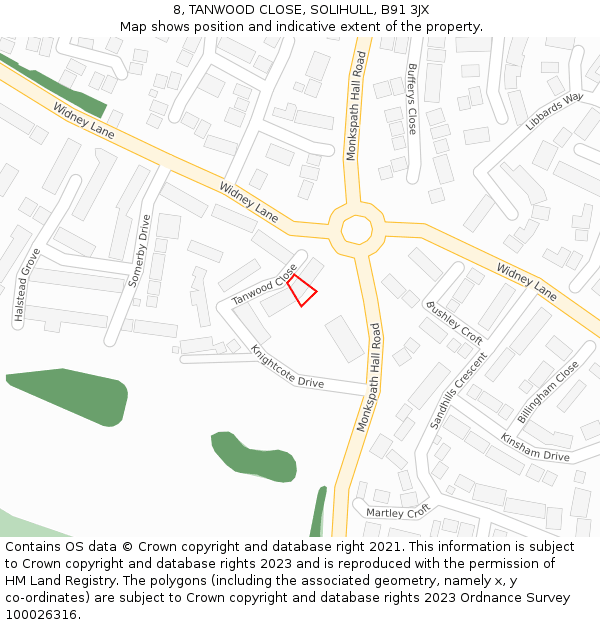 8, TANWOOD CLOSE, SOLIHULL, B91 3JX: Location map and indicative extent of plot