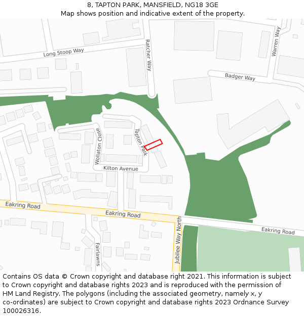 8, TAPTON PARK, MANSFIELD, NG18 3GE: Location map and indicative extent of plot