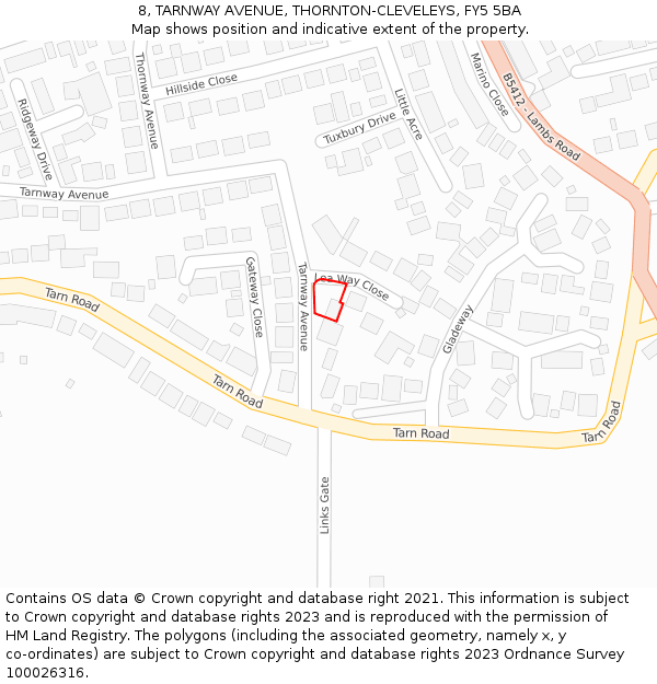 8, TARNWAY AVENUE, THORNTON-CLEVELEYS, FY5 5BA: Location map and indicative extent of plot