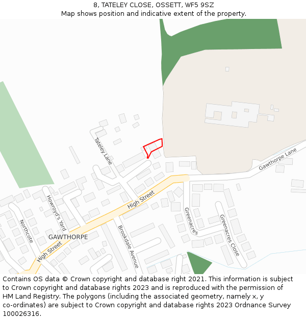 8, TATELEY CLOSE, OSSETT, WF5 9SZ: Location map and indicative extent of plot