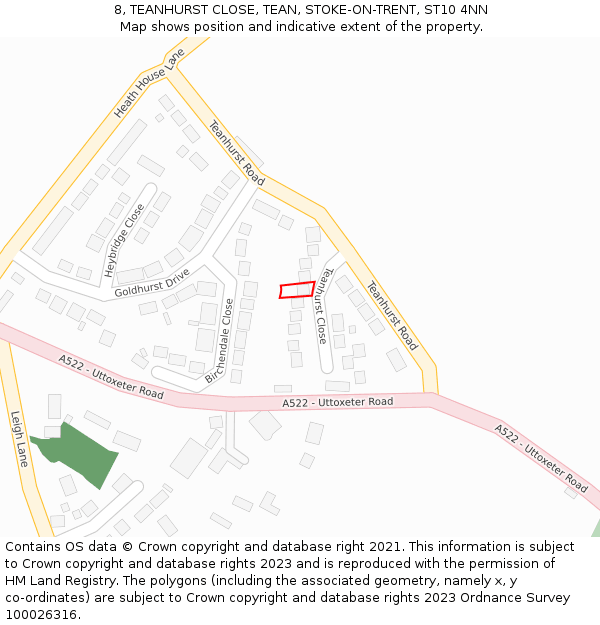 8, TEANHURST CLOSE, TEAN, STOKE-ON-TRENT, ST10 4NN: Location map and indicative extent of plot