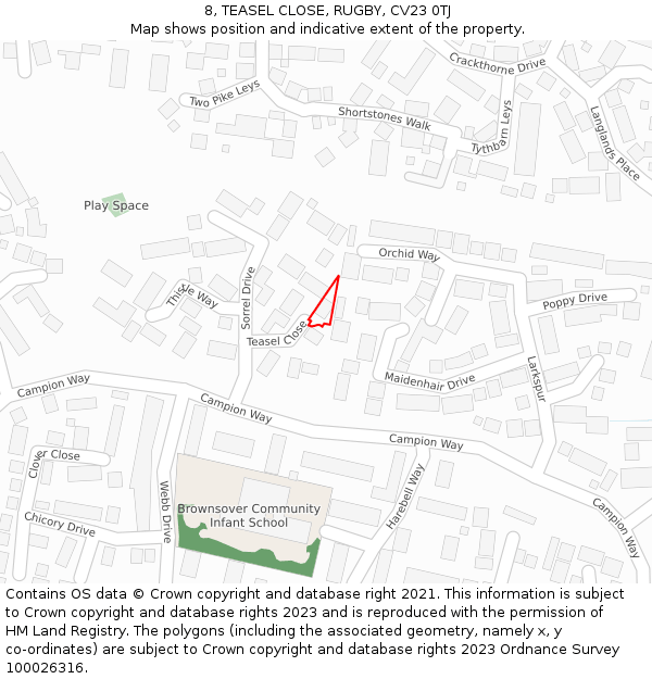 8, TEASEL CLOSE, RUGBY, CV23 0TJ: Location map and indicative extent of plot