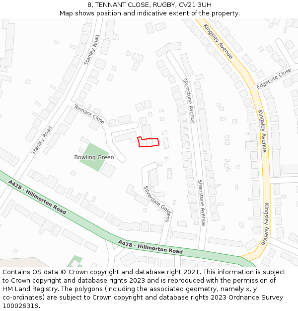 8, TENNANT CLOSE, RUGBY, CV21 3UH: Location map and indicative extent of plot