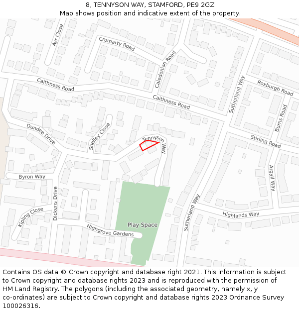 8, TENNYSON WAY, STAMFORD, PE9 2GZ: Location map and indicative extent of plot