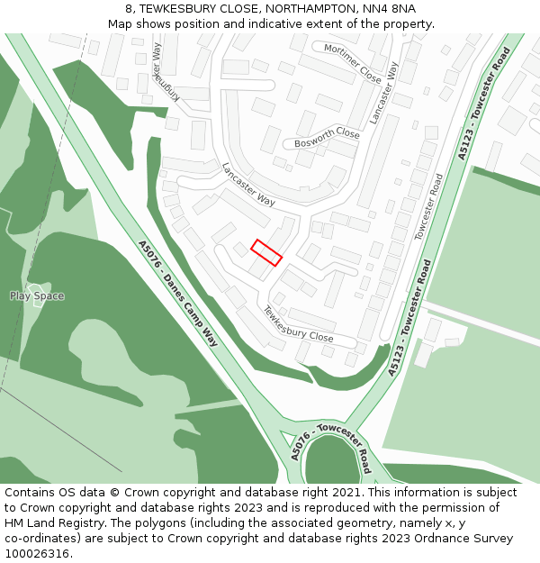 8, TEWKESBURY CLOSE, NORTHAMPTON, NN4 8NA: Location map and indicative extent of plot