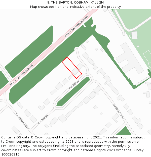 8, THE BARTON, COBHAM, KT11 2NJ: Location map and indicative extent of plot