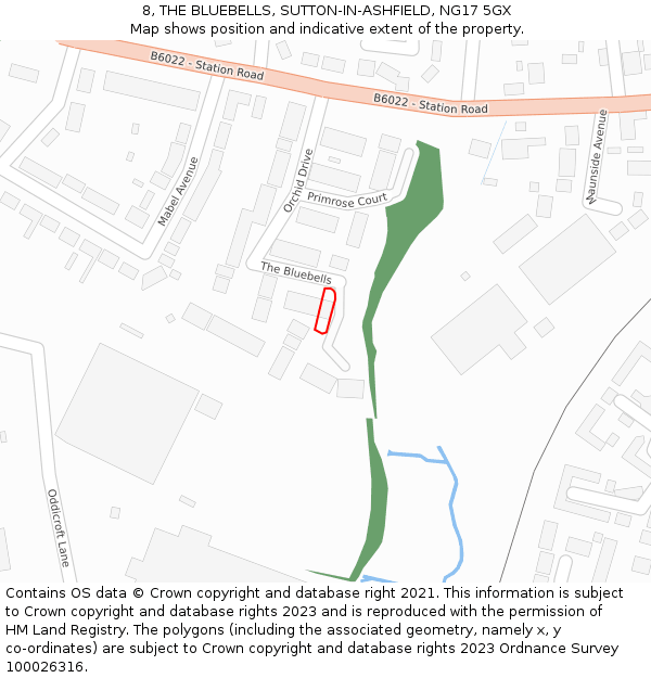 8, THE BLUEBELLS, SUTTON-IN-ASHFIELD, NG17 5GX: Location map and indicative extent of plot