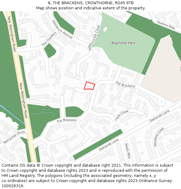 8, THE BRACKENS, CROWTHORNE, RG45 6TB: Location map and indicative extent of plot