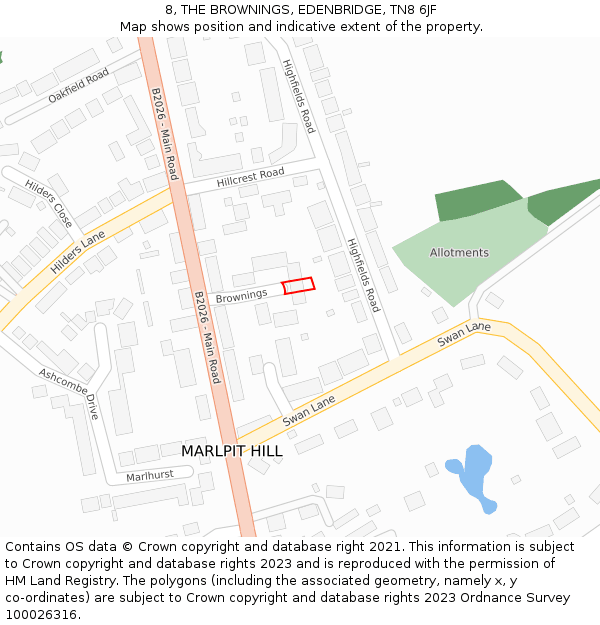 8, THE BROWNINGS, EDENBRIDGE, TN8 6JF: Location map and indicative extent of plot