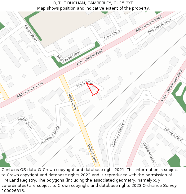 8, THE BUCHAN, CAMBERLEY, GU15 3XB: Location map and indicative extent of plot