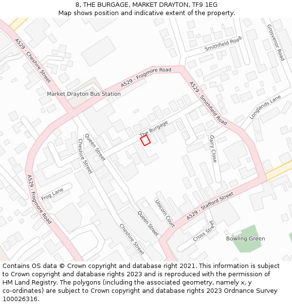 8, THE BURGAGE, MARKET DRAYTON, TF9 1EG: Location map and indicative extent of plot