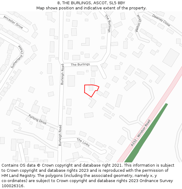 8, THE BURLINGS, ASCOT, SL5 8BY: Location map and indicative extent of plot