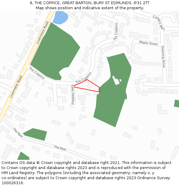 8, THE COPPICE, GREAT BARTON, BURY ST EDMUNDS, IP31 2TT: Location map and indicative extent of plot
