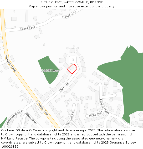 8, THE CURVE, WATERLOOVILLE, PO8 9SE: Location map and indicative extent of plot