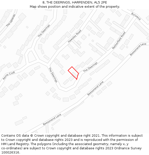 8, THE DEERINGS, HARPENDEN, AL5 2PE: Location map and indicative extent of plot