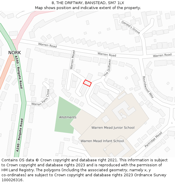 8, THE DRIFTWAY, BANSTEAD, SM7 1LX: Location map and indicative extent of plot