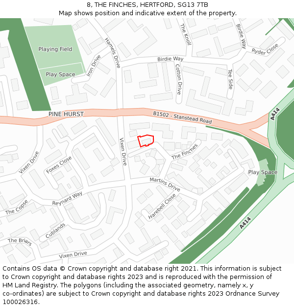 8, THE FINCHES, HERTFORD, SG13 7TB: Location map and indicative extent of plot