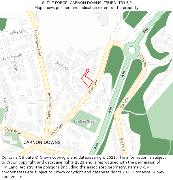 8, THE FORGE, CARNON DOWNS, TRURO, TR3 6JP: Location map and indicative extent of plot