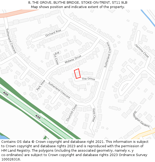 8, THE GROVE, BLYTHE BRIDGE, STOKE-ON-TRENT, ST11 9LB: Location map and indicative extent of plot