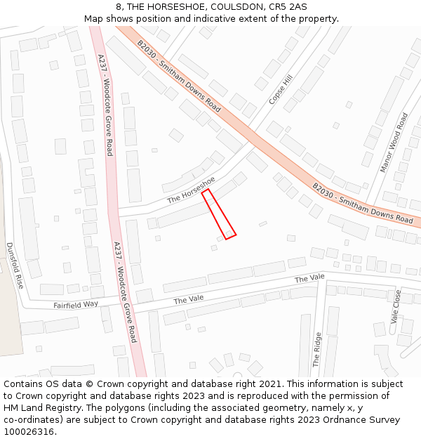 8, THE HORSESHOE, COULSDON, CR5 2AS: Location map and indicative extent of plot