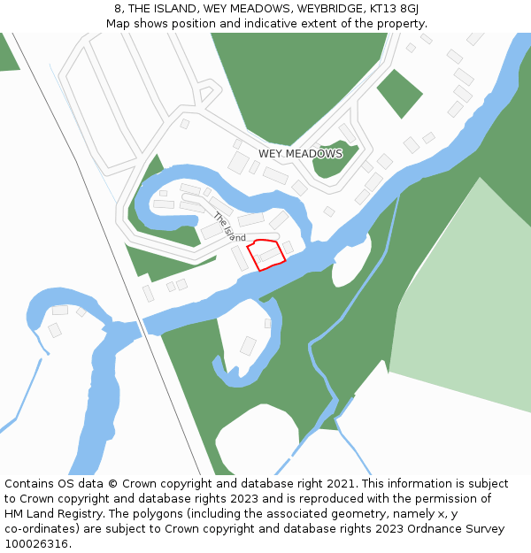 8, THE ISLAND, WEY MEADOWS, WEYBRIDGE, KT13 8GJ: Location map and indicative extent of plot