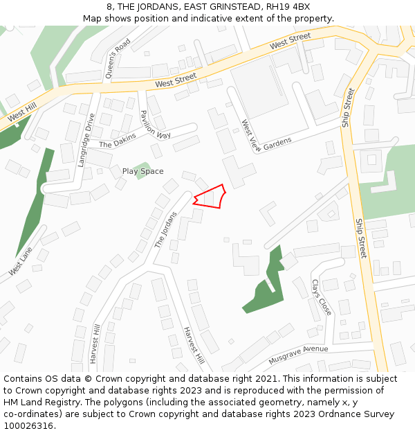 8, THE JORDANS, EAST GRINSTEAD, RH19 4BX: Location map and indicative extent of plot