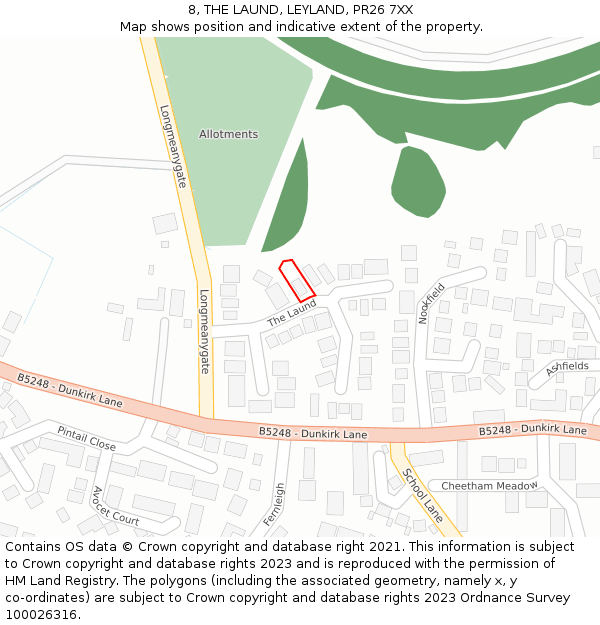 8, THE LAUND, LEYLAND, PR26 7XX: Location map and indicative extent of plot