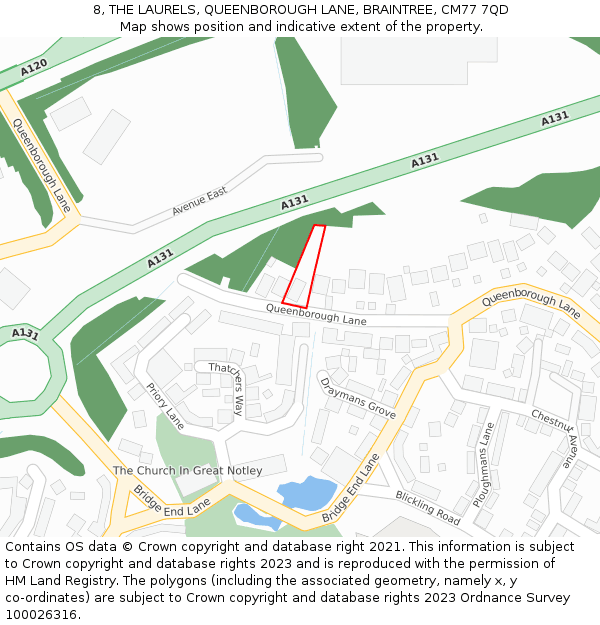 8, THE LAURELS, QUEENBOROUGH LANE, BRAINTREE, CM77 7QD: Location map and indicative extent of plot