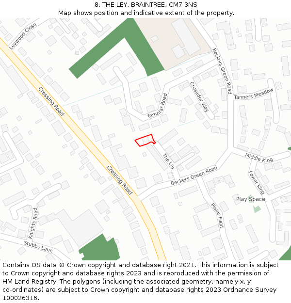 8, THE LEY, BRAINTREE, CM7 3NS: Location map and indicative extent of plot