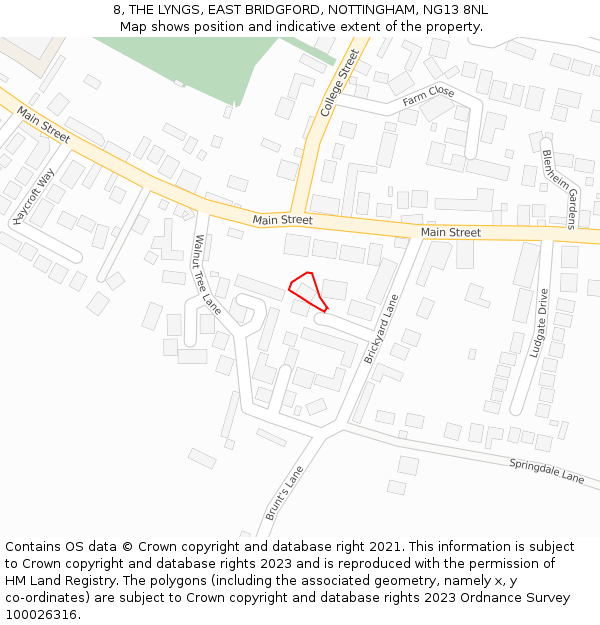 8, THE LYNGS, EAST BRIDGFORD, NOTTINGHAM, NG13 8NL: Location map and indicative extent of plot