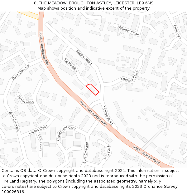 8, THE MEADOW, BROUGHTON ASTLEY, LEICESTER, LE9 6NS: Location map and indicative extent of plot