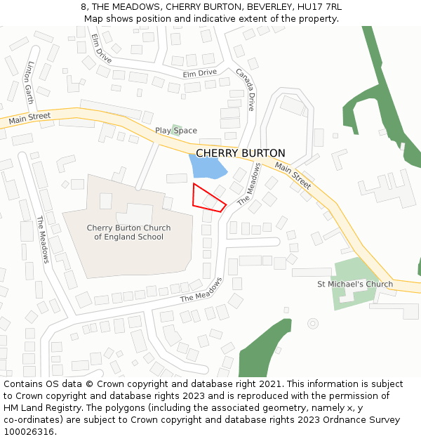 8, THE MEADOWS, CHERRY BURTON, BEVERLEY, HU17 7RL: Location map and indicative extent of plot