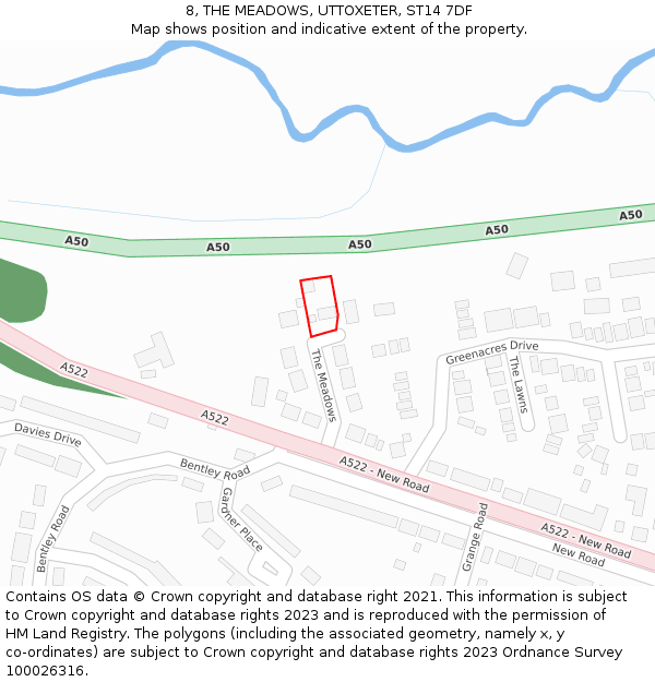 8, THE MEADOWS, UTTOXETER, ST14 7DF: Location map and indicative extent of plot