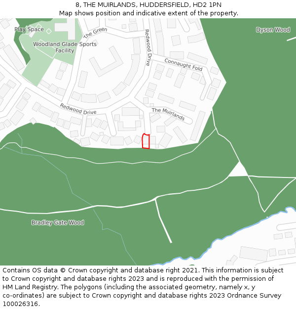 8, THE MUIRLANDS, HUDDERSFIELD, HD2 1PN: Location map and indicative extent of plot