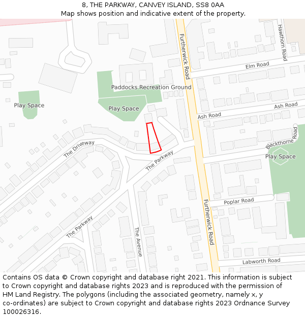 8, THE PARKWAY, CANVEY ISLAND, SS8 0AA: Location map and indicative extent of plot