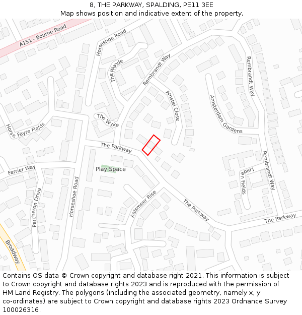 8, THE PARKWAY, SPALDING, PE11 3EE: Location map and indicative extent of plot