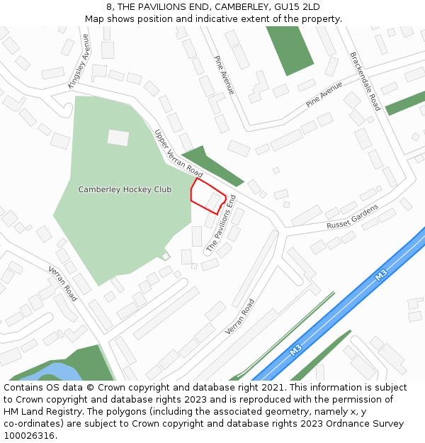 8, THE PAVILIONS END, CAMBERLEY, GU15 2LD: Location map and indicative extent of plot