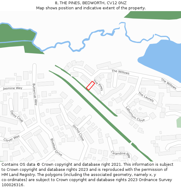 8, THE PINES, BEDWORTH, CV12 0NZ: Location map and indicative extent of plot