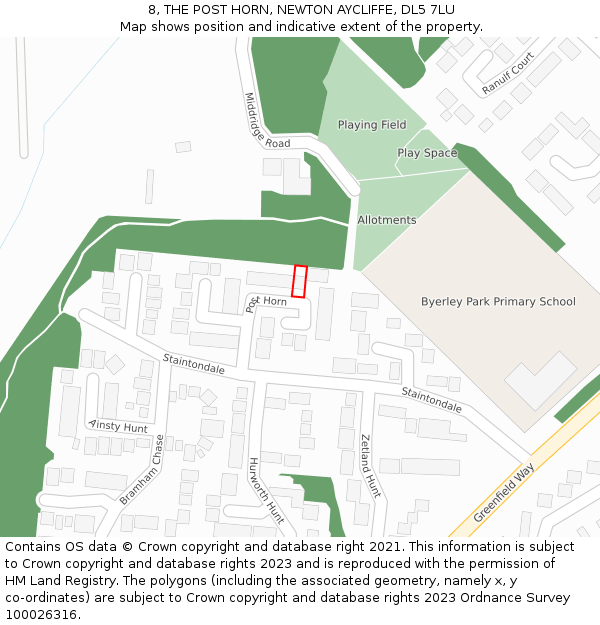 8, THE POST HORN, NEWTON AYCLIFFE, DL5 7LU: Location map and indicative extent of plot