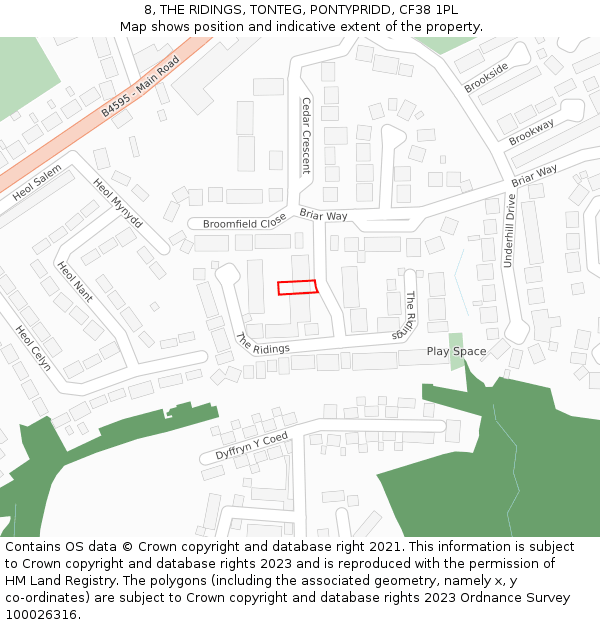 8, THE RIDINGS, TONTEG, PONTYPRIDD, CF38 1PL: Location map and indicative extent of plot