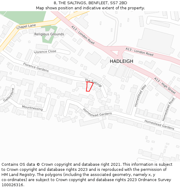 8, THE SALTINGS, BENFLEET, SS7 2BD: Location map and indicative extent of plot