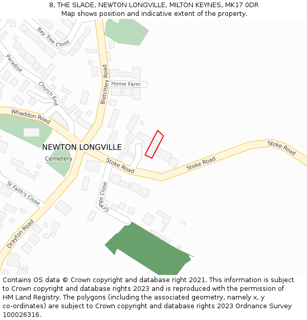 8, THE SLADE, NEWTON LONGVILLE, MILTON KEYNES, MK17 0DR: Location map and indicative extent of plot